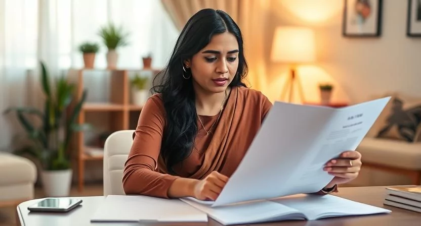 A woman reviewing her life insurance policy, symbolizing empowerment and financial independence.