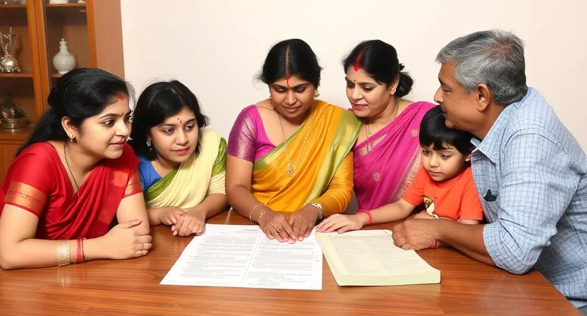 A family discussing their life insurance policy under the Married Women’s Property Act, focusing on the wife and children’s security.