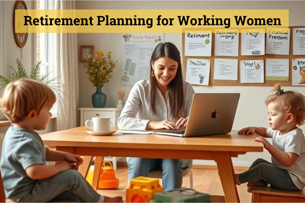 A working woman in her 30s managing a laptop, a cup of coffee, and her child playing nearby, symbolising work-life balance and retirement planning.