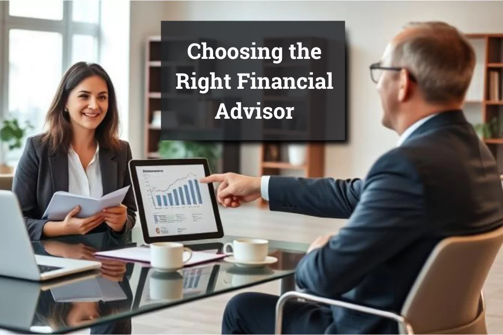 A confident working woman in her 40s discussing retirement plans with a financial advisor in a professional office setting.