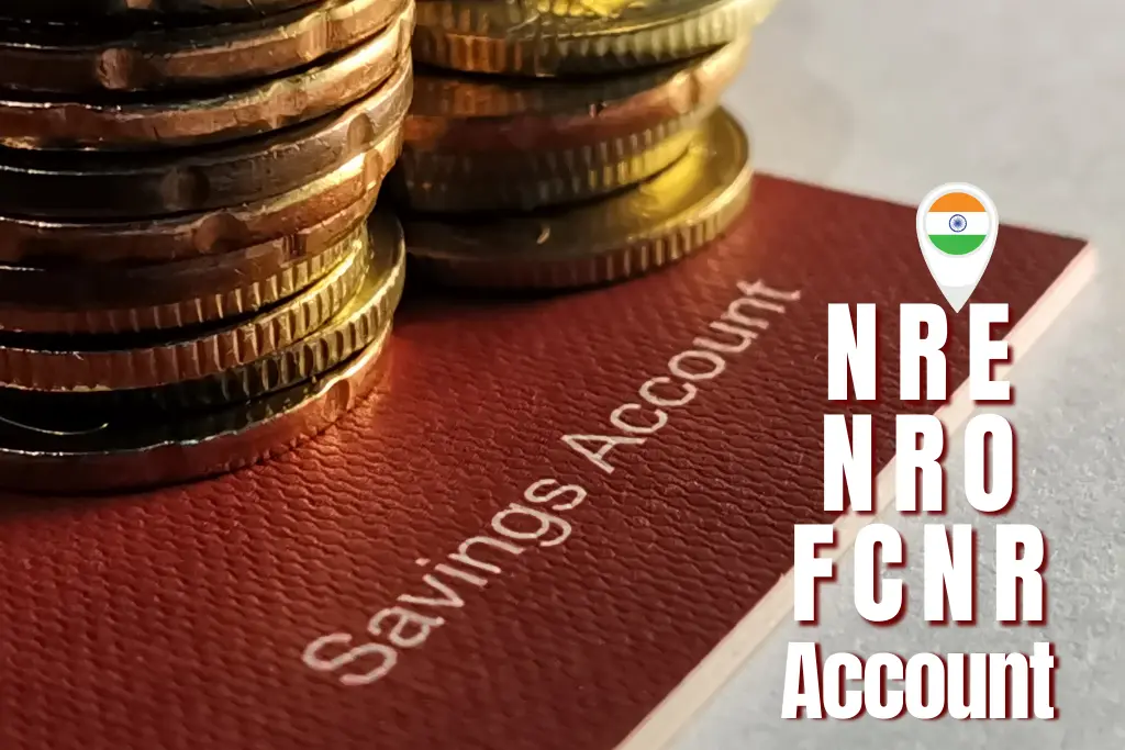 Infographic comparing NRE, NRO, and FCNR accounts with icons: globe for NRE, house for NRO, and currency stack for FCNR.