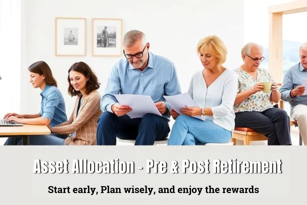 A diverse group of people at different life stages: a young professional reviewing retirement plans on a laptop, a middle-aged couple meeting with a financial advisor getting advice on Asset Allocation.