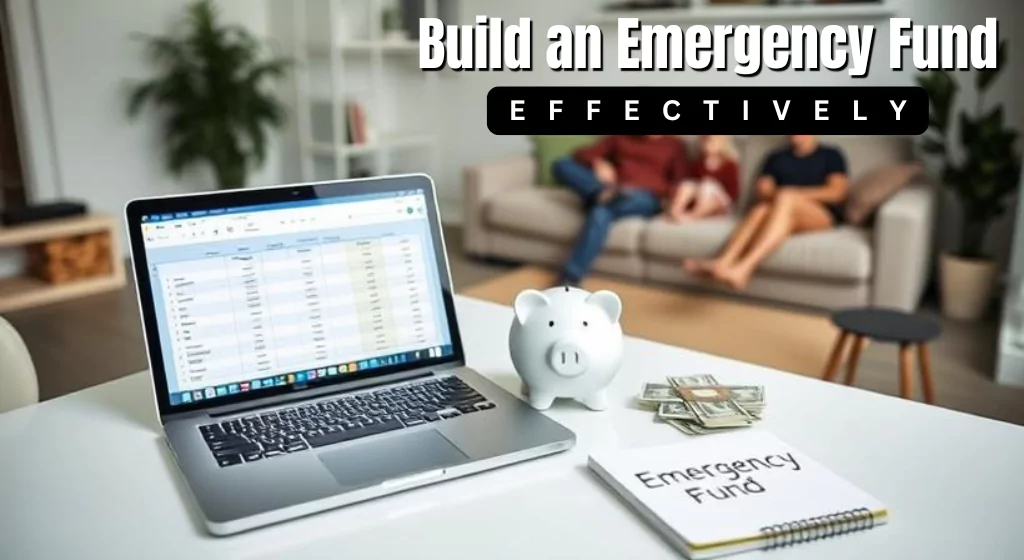 A laptop showing a spreadsheet, a piggy bank, and cash sit on a table. In the background, a family is seated on a sofa. Text reads, "Build an Emergency Fund Effectively.