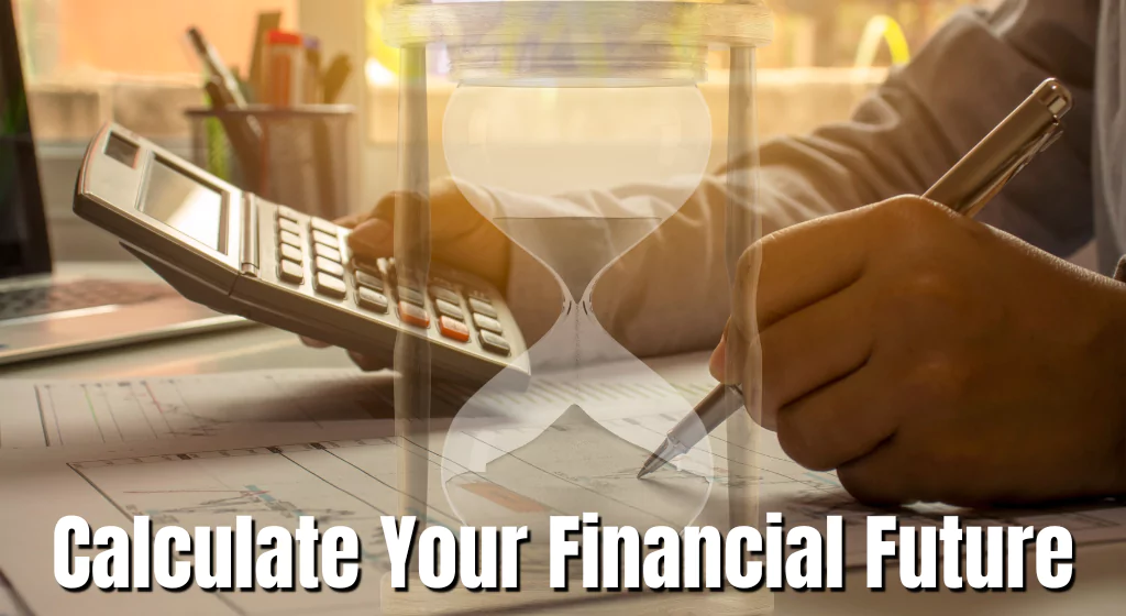 An individual calculates personal finances, surrounded by documents and a sand clock, emphasizing time management in financial planning.