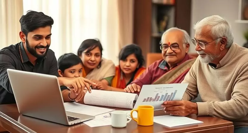 A family gathered around a table, using a laptop to discuss mutual fund selection for different life stages.