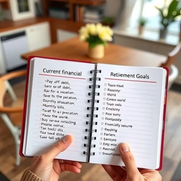 pre-retirement-vs-post-retirement-asset-allocation-2-67bf4eb5ad71b Close-up of a person’s hands holding a notebook with two lists: one for current financial priorities and the other for retirement goals, set in a cozy home office.